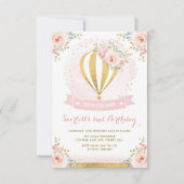 Girly Hete Luchtballon Roze Gouden Bloemen Verjaar Kaart (Voorkant)