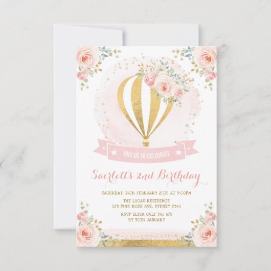 Girly Hete Luchtballon Roze Gouden Bloemen Verjaar Kaart (Voorkant)