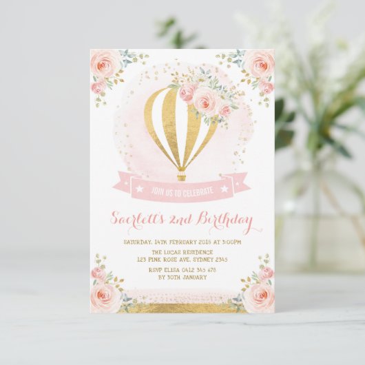 Girly Hete Luchtballon Roze Gouden Bloemen Verjaar Kaart (Staand voorkant)