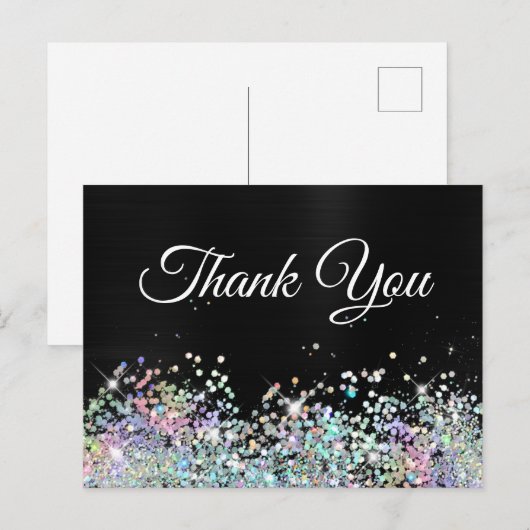 Girly Holo Glitter Black Folie Bedankt Briefkaart (Voorkant / Achterkant)