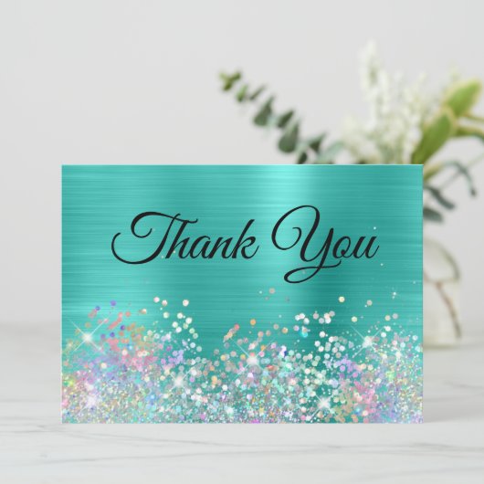 Girly Holo Glitter Turquoise Folie Bedankkaart (Staand voorkant)