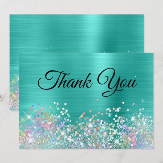 Girly Holo Glitter Turquoise Folie Bedankkaart (Voorkant / Achterkant)