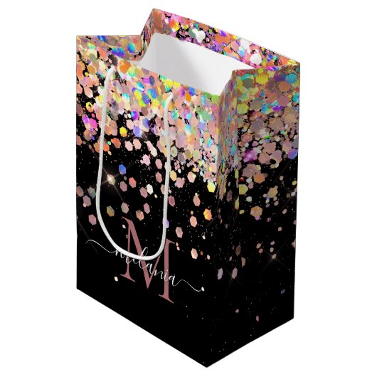 Girly Holografische Glitter & Sparkle Monogram Zwa Medium Cadeauzakje (Voorkant Gekanteld)