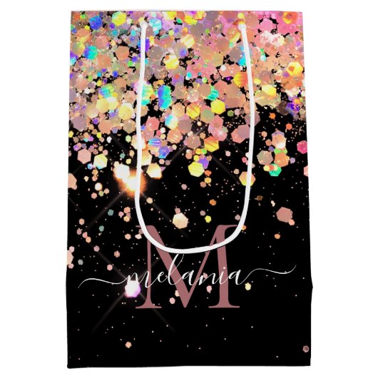 Girly Holografische Glitter & Sparkle Monogram Zwa Medium Cadeauzakje (Achterkant)