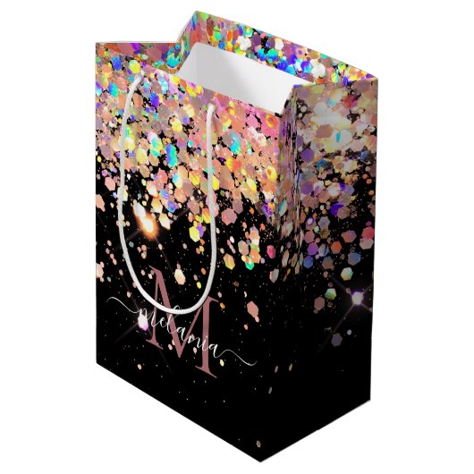 Girly Holografische Glitter & Sparkle Monogram Zwa Medium Cadeauzakje (Achterkant Gekanteld)