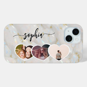Girly holografische opal stenen custom fotocollage iPhone 15 case