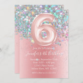 Girly Holographic Glitter 6th Pink Birthday Kaart (Voorkant / Achterkant)