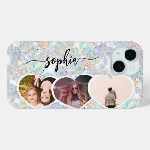 Girly Holographic Glitter Aangepaste Fotocollage iPhone 15 Case
