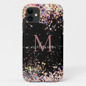 Girly Holographic Glitter Monogram Name Black Case-Mate iPhone Case (Achterkant)