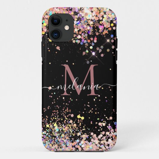 Girly Holographic Glitter Monogram Name Black Case-Mate iPhone Case (Achterkant)