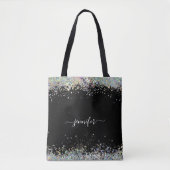 Girly Holographic Glitter Monogram Name Black Tote Bag (Voorkant)