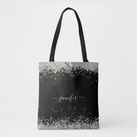 Girly Holographic Glitter Monogram Name Black Tote Bag (Voorkant)