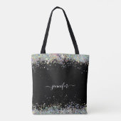 Girly Holographic Glitter Monogram Name Black Tote Bag (Achterkant)