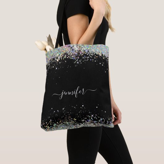 Girly Holographic Glitter Monogram Name Black Tote Bag (Dichtbij)