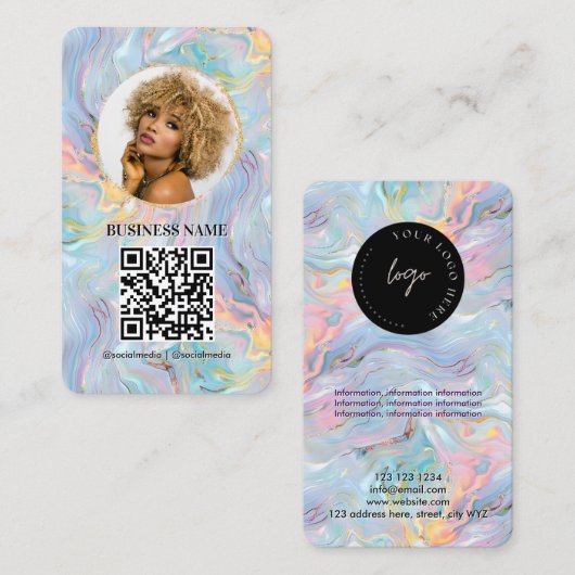 Girly Holographic Marble Swirl QR Code Logo Visitekaartje (Voorkant / Achterkant)
