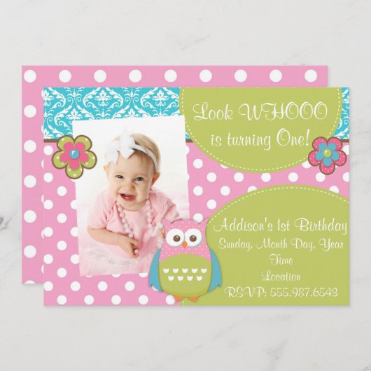 Girly Hoot Owl Design Verjaardag Uitnodiging (Voorkant / Achterkant)