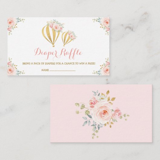 Girly Hot Air ballon Blush Floral Diaper Raffle Informatiekaartje (Voorkant / Achterkant)