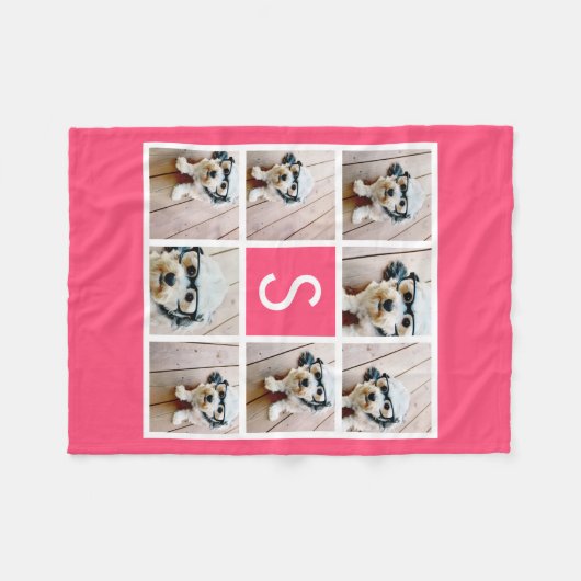 Girly Hot Pink 8 Photo Collage White Monogram Fleece Deken (Voorkant (Horizontaal))