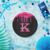 Girly Hot Pink Black Glitter Drivers Monogram Naam Papieren Bordje (Feest)