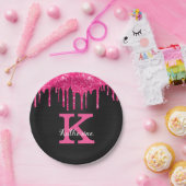 Girly Hot Pink Black Glitter Drivers Monogram Naam Papieren Bordje (Feest)