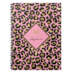Girly Hot Pink Black & Gold Leopard Print Monogram Notitieboek