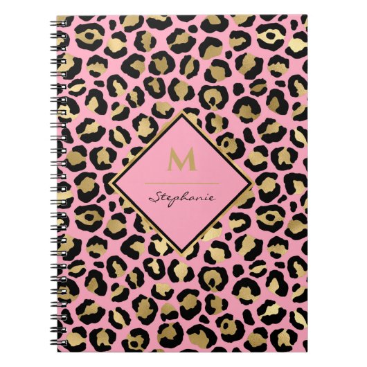 Girly Hot Pink Black & Gold Leopard Print Monogram Notitieboek (Voorkant)