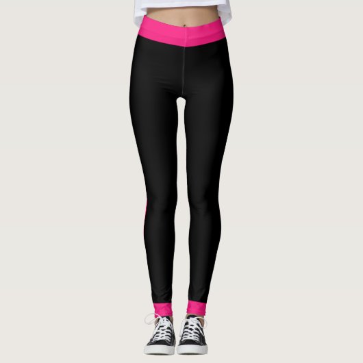 Girly Hot Pink Black Striped Leggings (Voorkant)