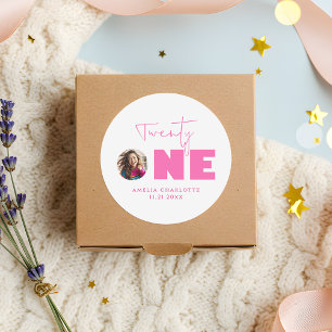 Girly Hot Pink Bold Typografie 21ste Verjaardagsfe Ronde Sticker