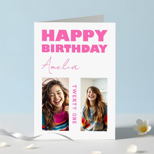 Girly Hot Pink Bold Typografie Foto Verjaardag Kaart