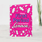 Girly Hot Pink Cartoon Pad Tampon Eerste Periode Kaart (Voorkant)