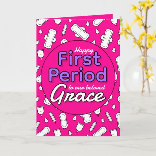 Girly Hot Pink Cartoon Pad Tampon Eerste Periode Kaart (Gele Bloem)