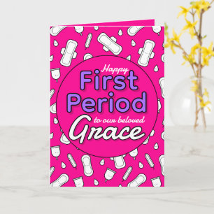 Girly Hot Pink Cartoon Pad Tampon Eerste Periode Kaart