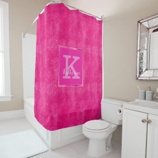 Girly Hot Pink Diamond Sparkle Fun Modern Monogram Douchegordijn (In situ)