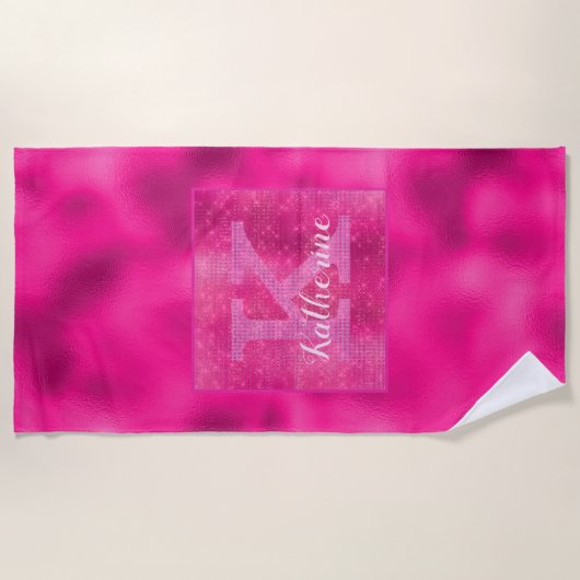 Girly Hot Pink Foil Diamond Sparkle Monogram Naam Strandlaken (Voorkant)