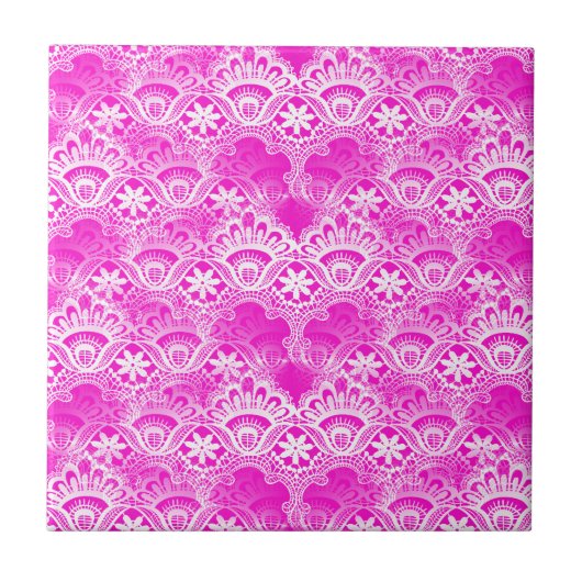 Girly Hot Pink Fuchsia White Lace Damask Tegeltje (Voorkant)
