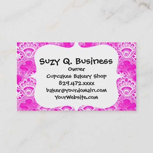Girly Hot Pink Fuchsia White Lace Damask Visitekaartje (Voorkant)