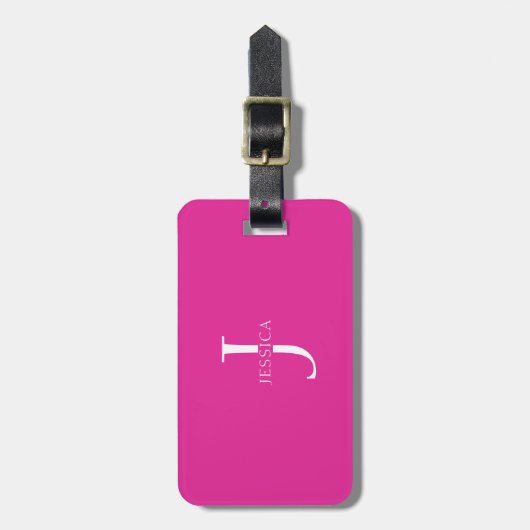 Girly Hot Pink Fun Modern Monogram Naam Bagagelabel (Voorkant verticaal)