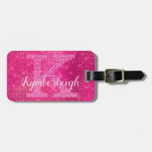 Girly Hot Pink Glam Diamond Sparkle Monogram Naam Bagagelabel (Voorkant horizontaal)