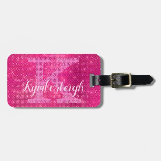Girly Hot Pink Glam Diamond Sparkle Monogram Naam Bagagelabel (Voorkant horizontaal)