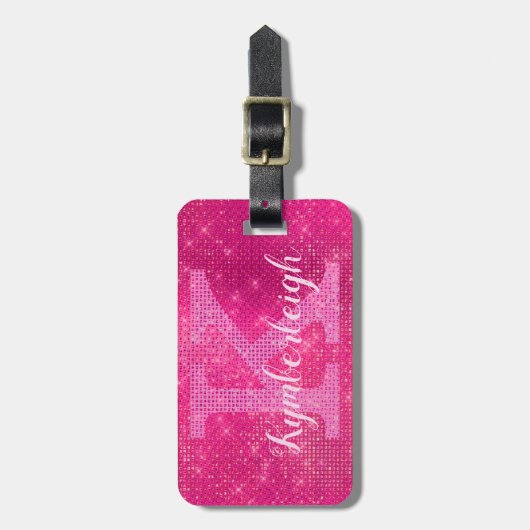 Girly Hot Pink Glam Diamond Sparkle Monogram Naam Bagagelabel (Voorkant verticaal)