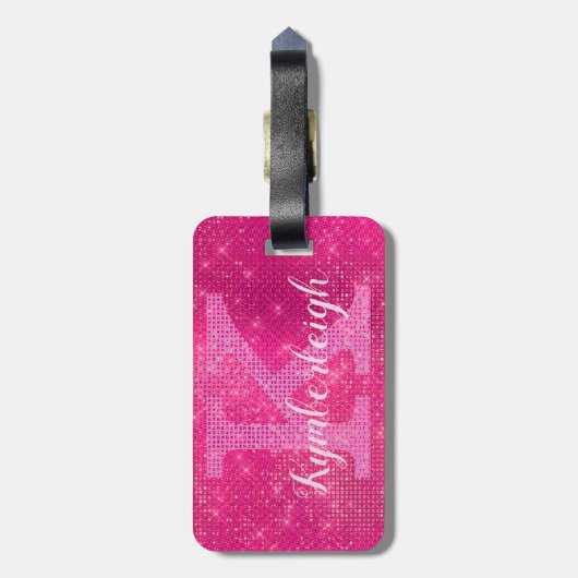 Girly Hot Pink Glam Diamond Sparkle Monogram Naam Bagagelabel (Achterkant verticaal)