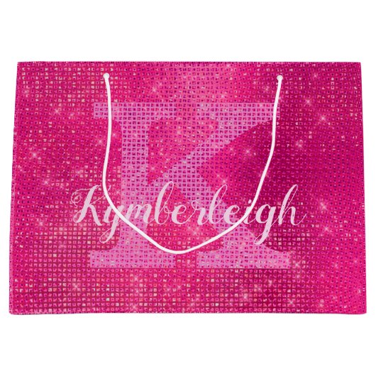 Girly Hot Pink Glam Diamond Sparkle Monogram Naam Groot Cadeauzakje (Voorkant)