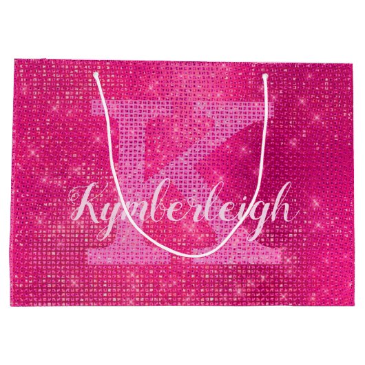 Girly Hot Pink Glam Diamond Sparkle Monogram Naam Groot Cadeauzakje (Achterkant)