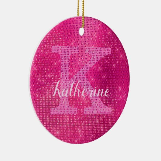 Girly Hot Pink Glam Diamond Sparkle Monogram Naam Keramisch Ornament (Rechts)