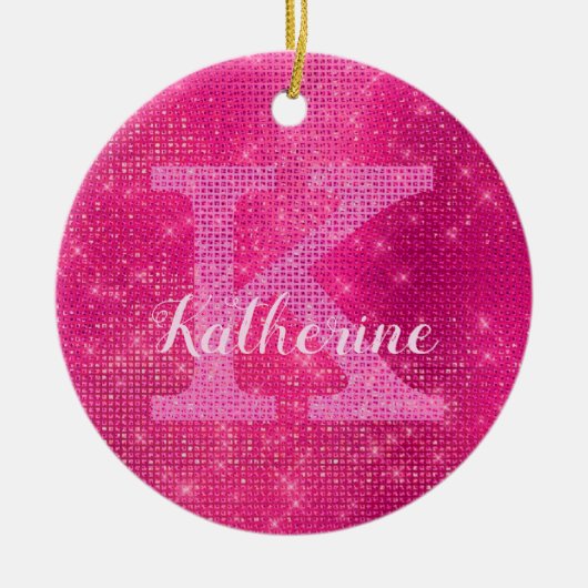 Girly Hot Pink Glam Diamond Sparkle Monogram Naam Keramisch Ornament (Voorkant)