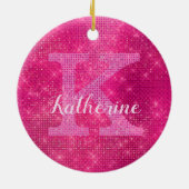 Girly Hot Pink Glam Diamond Sparkle Monogram Naam Keramisch Ornament (Achterkant)