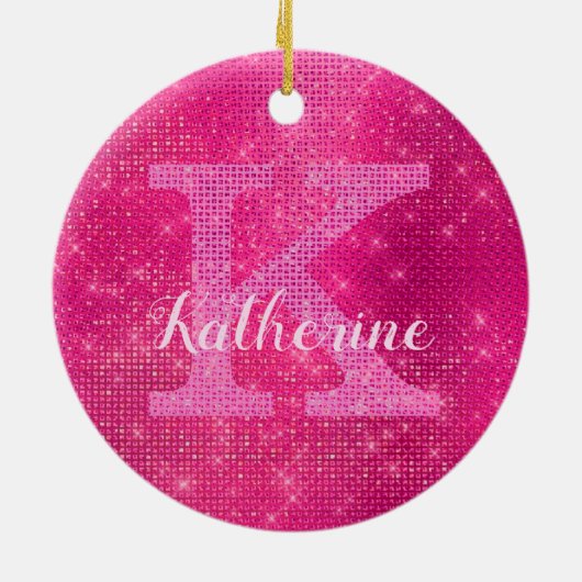 Girly Hot Pink Glam Diamond Sparkle Monogram Naam Keramisch Ornament (Achterkant)