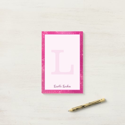Girly Hot Pink Glam Diamond Sparkle Monogram Naam Post-it® Notes (Op bureau)