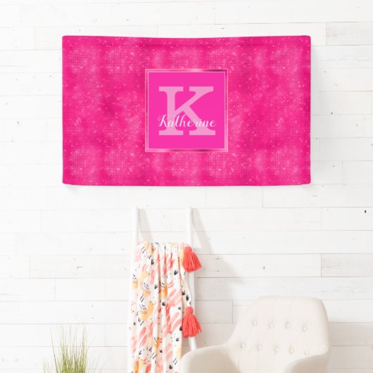Girly Hot Pink Glam Diamond Sparkle Monogram Naam Spandoek (Insitu)