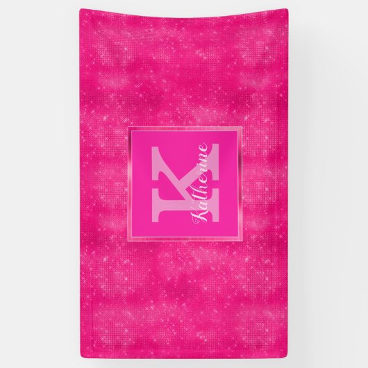 Girly Hot Pink Glam Diamond Sparkle Monogram Naam Spandoek (Verticaal)